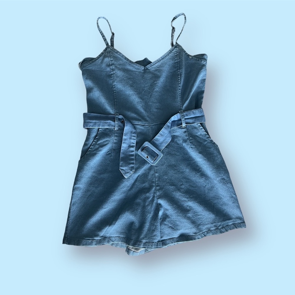 derek heart Denim Romper w/ Buckle Belt